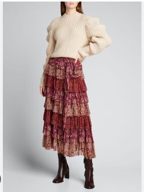 NWT Ulla Johnson Tiered Midi Skirt in Burgundy and Pink Floral